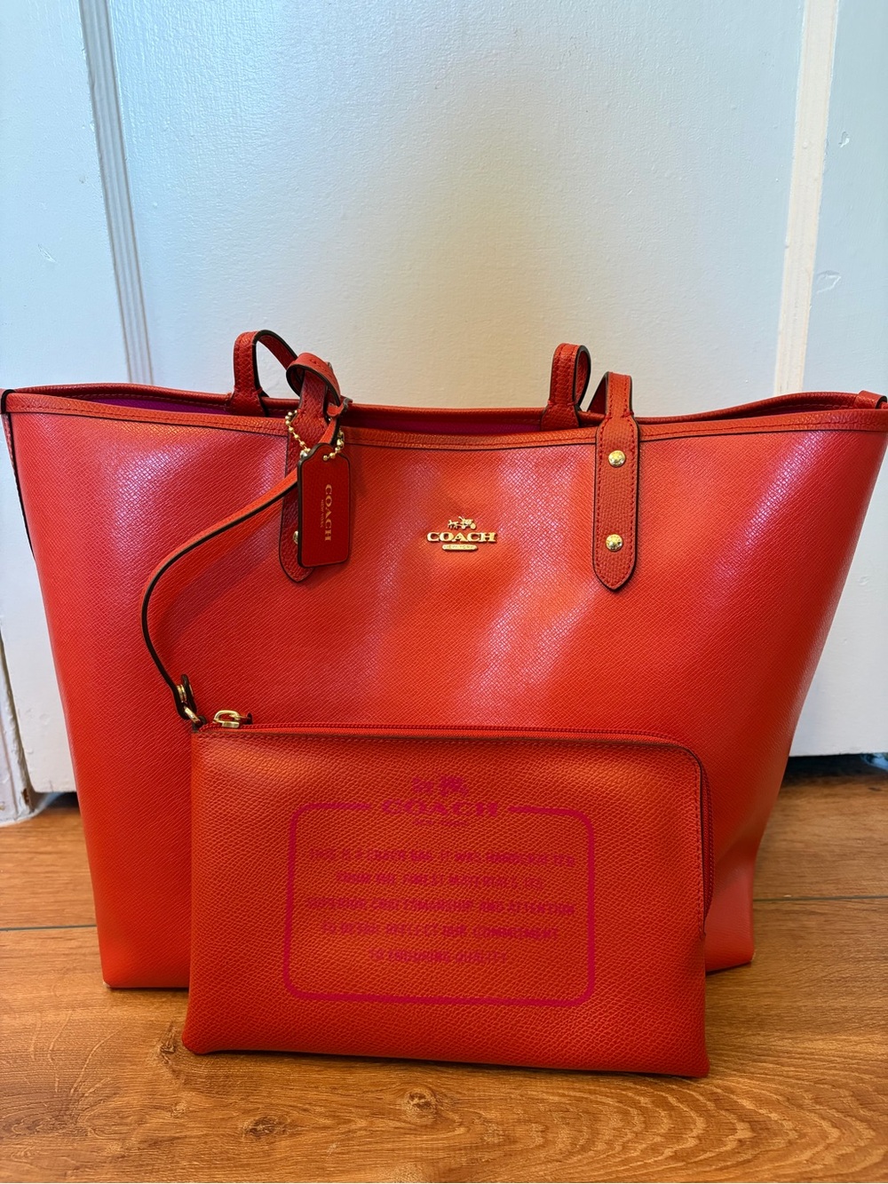 Coach Reversible City Tote- Coral and Hot Pink with matching wallet